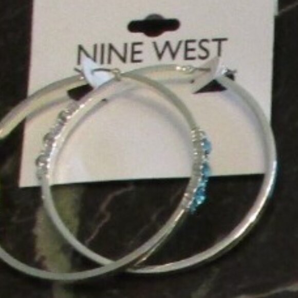 NINE WEST Mod/Contemporary Silver Aqua Crystal 2.25" Hoop Earrings**NEW! - Picture 3 of 3
